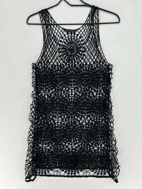 Hippie Black Crochet Lace Tank Womens XS S Coverup Boho Festival Grunge Fairy